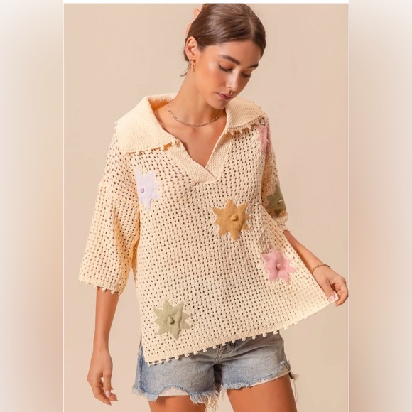 So Me Tops - So Me Ivory Floral Open Knit Sweater 3D Pom Pom Trim Grannycore Boho NWT Small